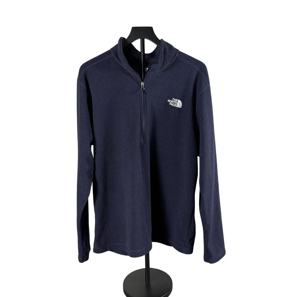 The North Face Mens Navy Blue Waffle Knit Fleece Quarter Zip Pullover Sweater